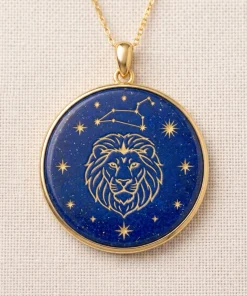 Leo Zodiac Lapis Lazuli Hand-Carved Gold Inlay Necklace