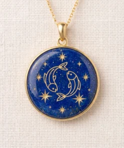 Pisces Zodiac Lapis Lazuli Hand-Carved Gold Inlay Pendant