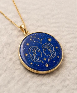 Gemini Zodiac Natural Lapis Lazuli Hand-Carved Pendant Necklace
