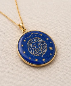Leo Zodiac Lapis Lazuli Hand-Carved Gold Inlay Necklace