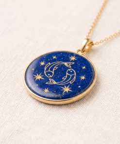 Pisces Zodiac Lapis Lazuli Hand-Carved Gold Inlay Pendant