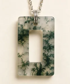 Natural Moss Agate Rectangle Pendant Necklace