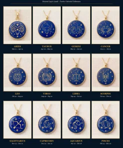 Leo Zodiac Lapis Lazuli Hand-Carved Gold Inlay Necklace