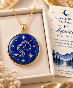 Aquarius lapis lazuli necklace displayed in an ivory box beside a zodiac card