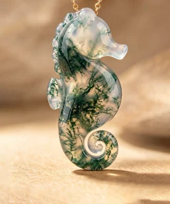 Rear view of carved moss agate seahorse pendant with curled tail