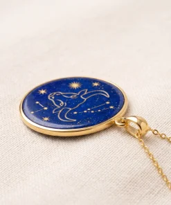 Low angled view of Taurus lapis lazuli pendant showing its bull motif