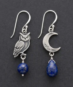 Owl & Crescent Moon Natural Lapis Lazuli Earrings