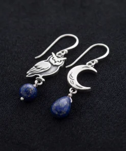 Owl & Crescent Moon Natural Lapis Lazuli Earrings