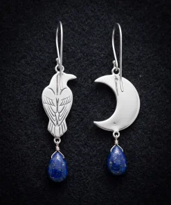 Owl & Crescent Moon Natural Lapis Lazuli Earrings