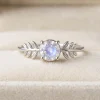 Moon Mark in the Forest – Natural Rainbow Moonstone Leaf Ring