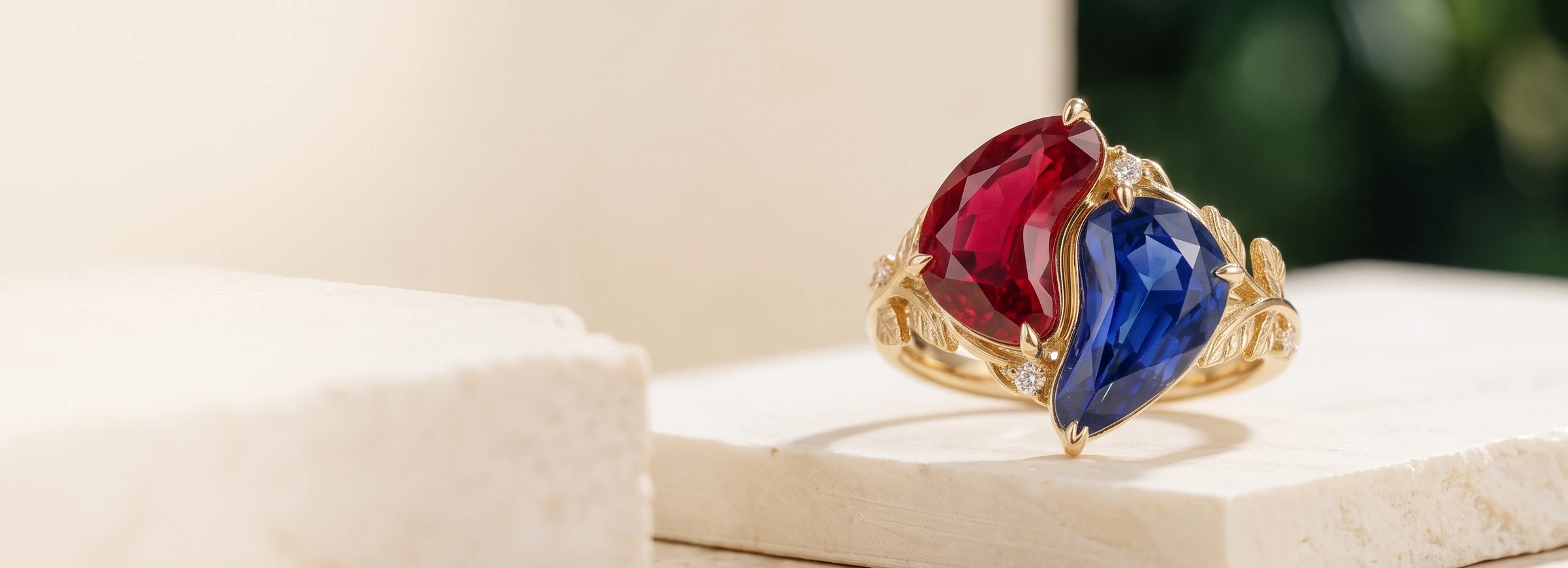 Illustrative gold ring with complementary freeform ruby-red and sapphire-blue gemstones and botanical details
