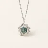 Front view of Botanical Embrace moss agate necklace with sculpted leaf surround
