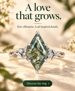 Kite moss agate leaf ring promotional poster with A love that grows text