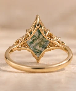 Back illustration of yellow gold kite moss agate leaf ring
